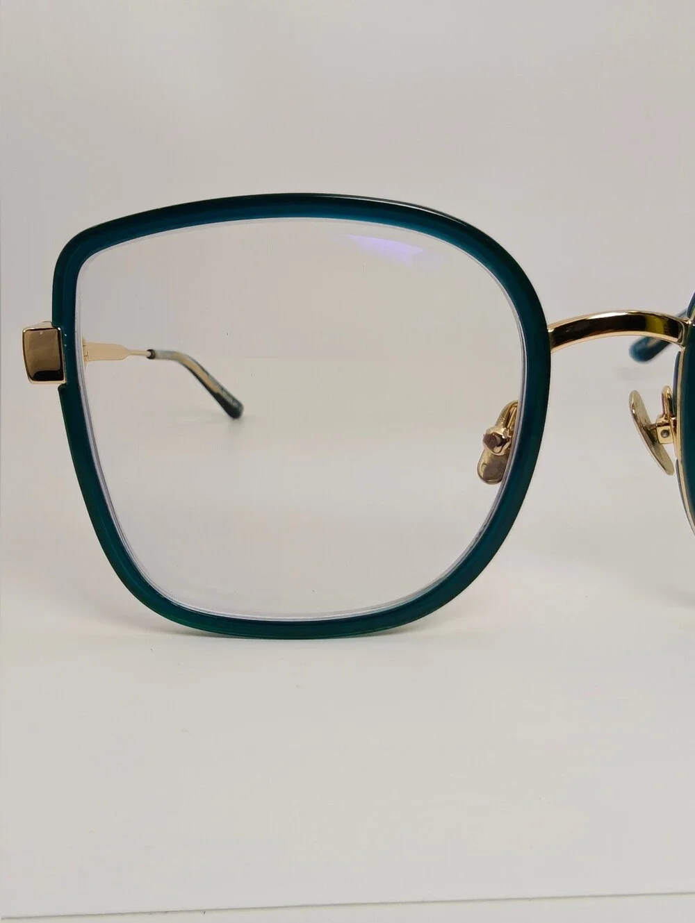 Margot. Stylish Teal Square Women's Eyewear with Gold Accents. Full Metal Frame.